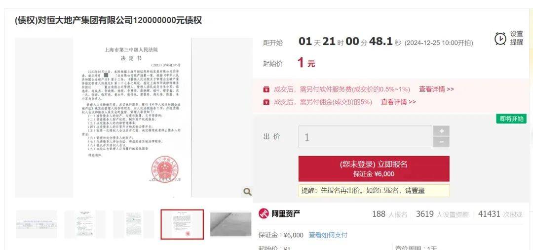 1元起拍<strong></p>
<p>币圈平台</strong>！恒大地产集团上亿债权将被拍卖