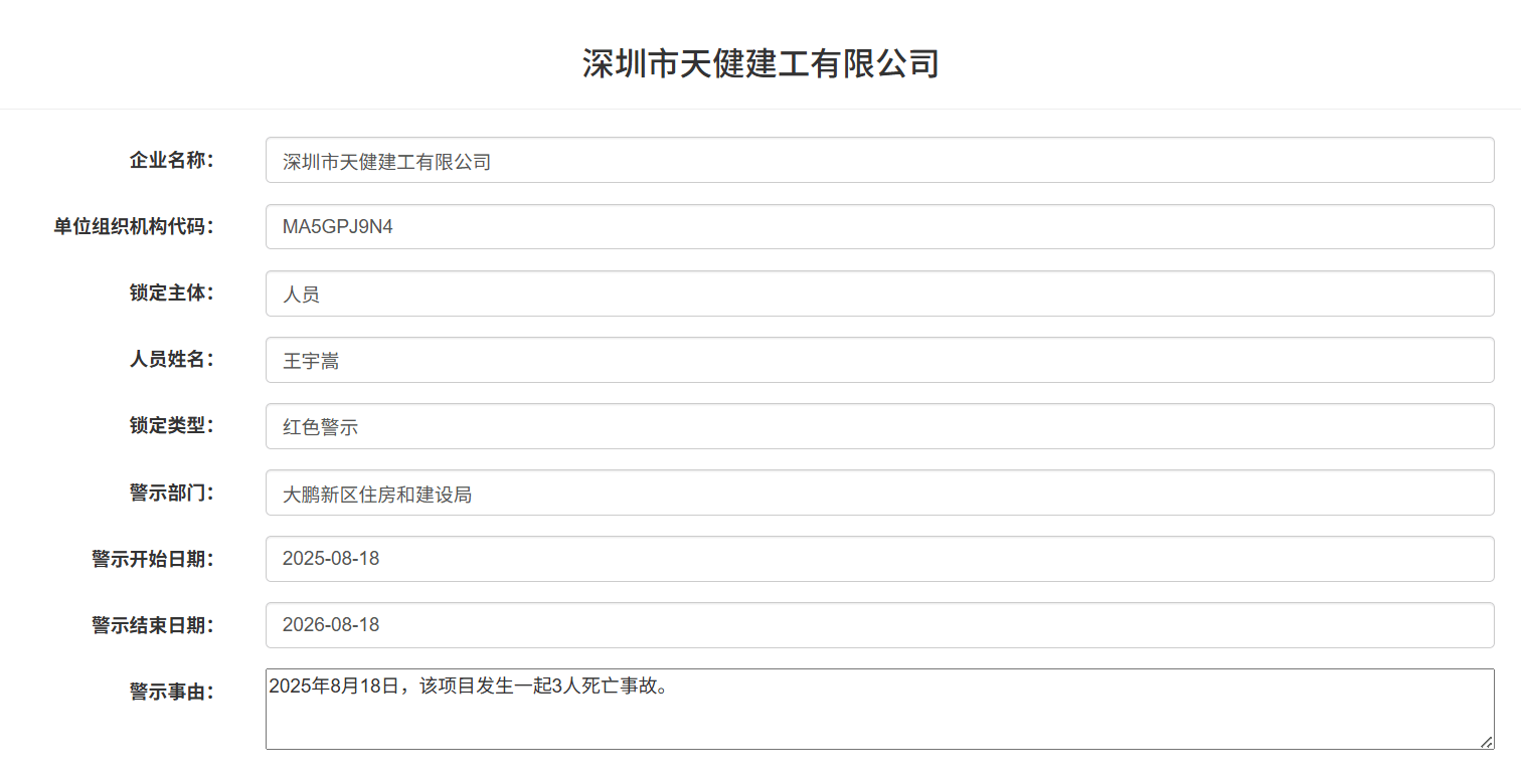 发生3人死亡事故<strong></p>
<p>应用币</strong>！深圳市天健建工被红色警示1年