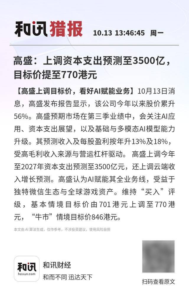 高盛：上调资本支出预测至3500亿<strong></p>
<p>币舫</strong>，目标价提至770港元